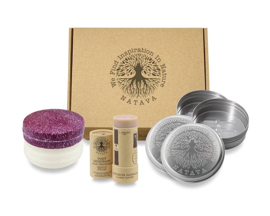 Cestovní balení NATAVA - šampon a balzám Ylang-Ylang, deodorant Květinová zahrada, 2 kulaté mýdlenky