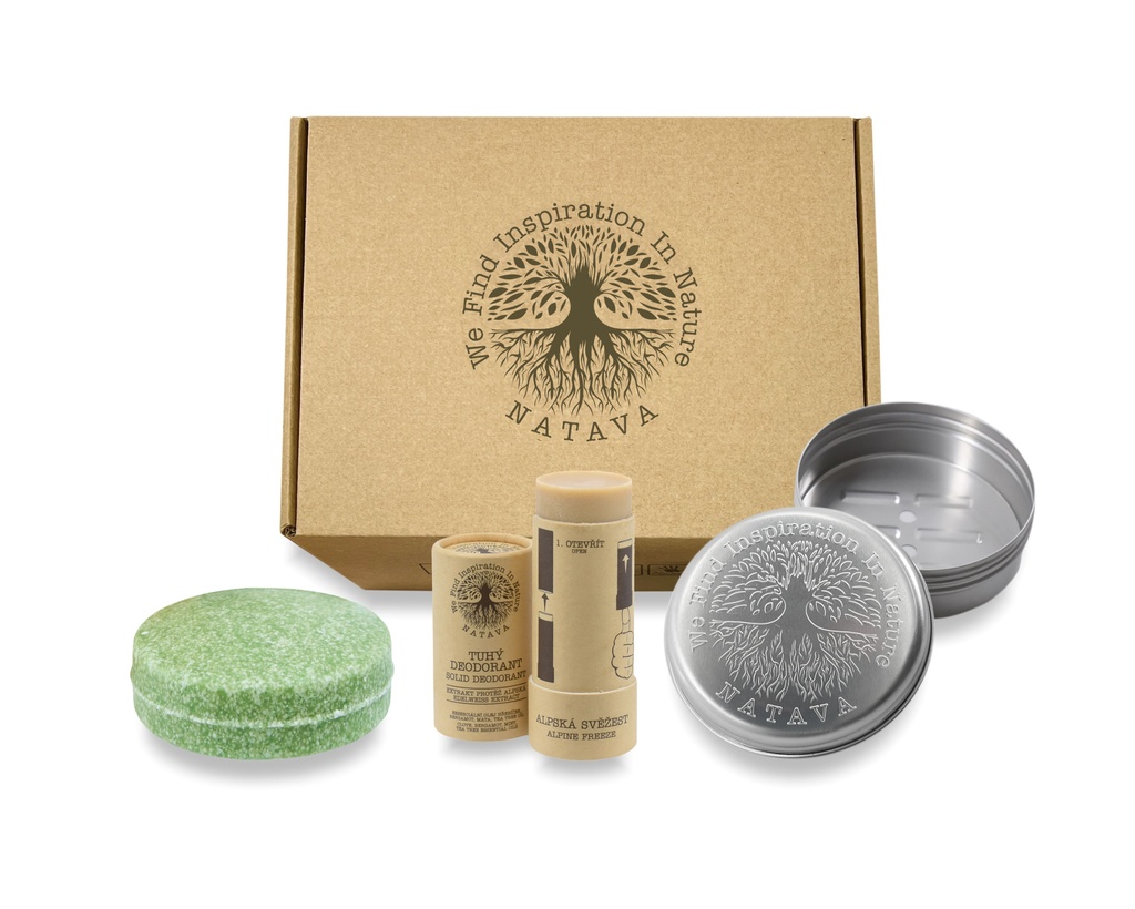Cestovní balení NATAVA - šampon Oliva, deodorant Alpská svěžest, kulatá mýdlenka